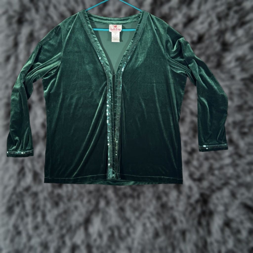 Factory Quacker Factory Cardigan Xl Open Front Green Velour Sequin Sparkle Holiday Party Wom