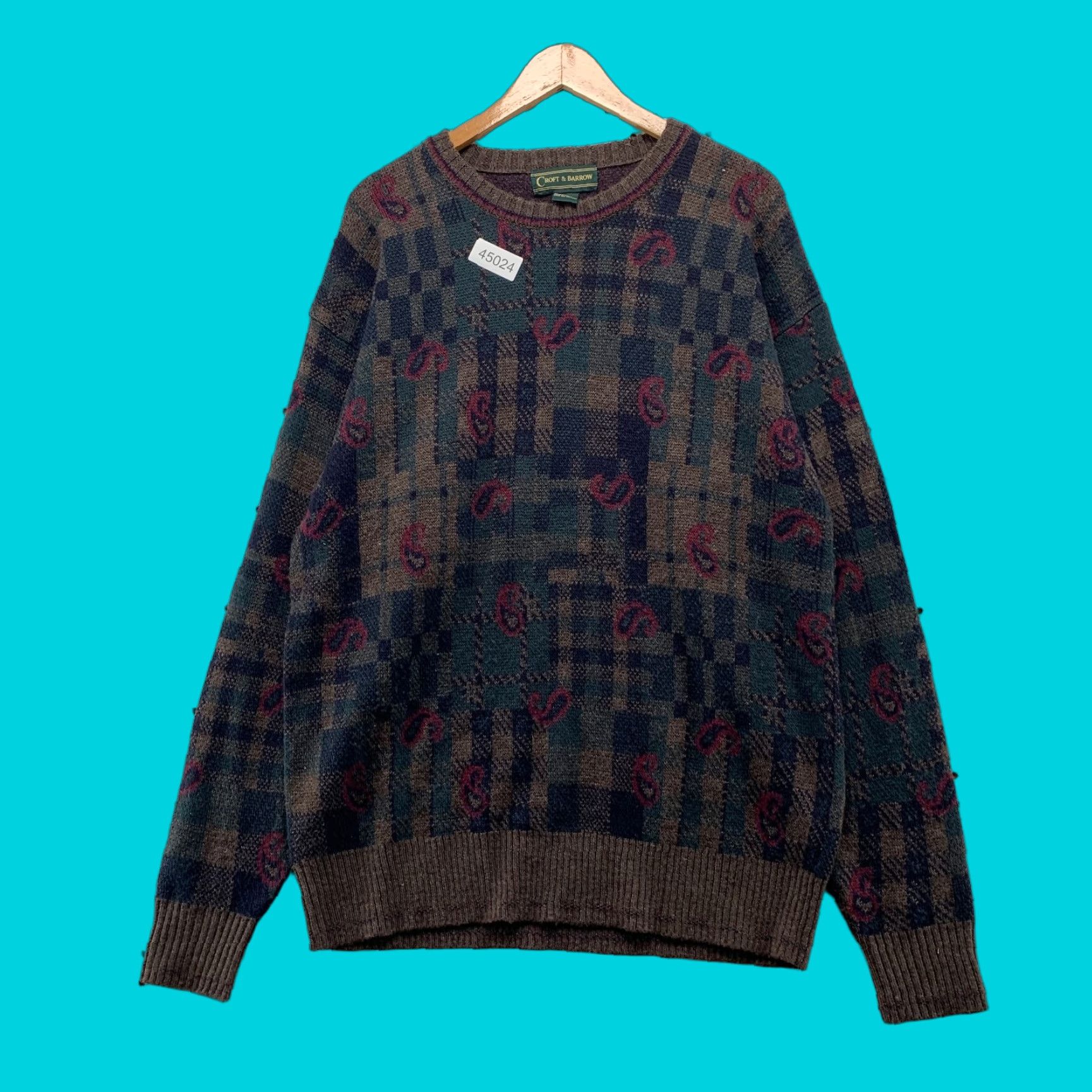 Barrow Vintage Croft Barrow Wool Sweater Mens 2xl 3d Knit Paisley Crewneck Multicolor Wool Pul