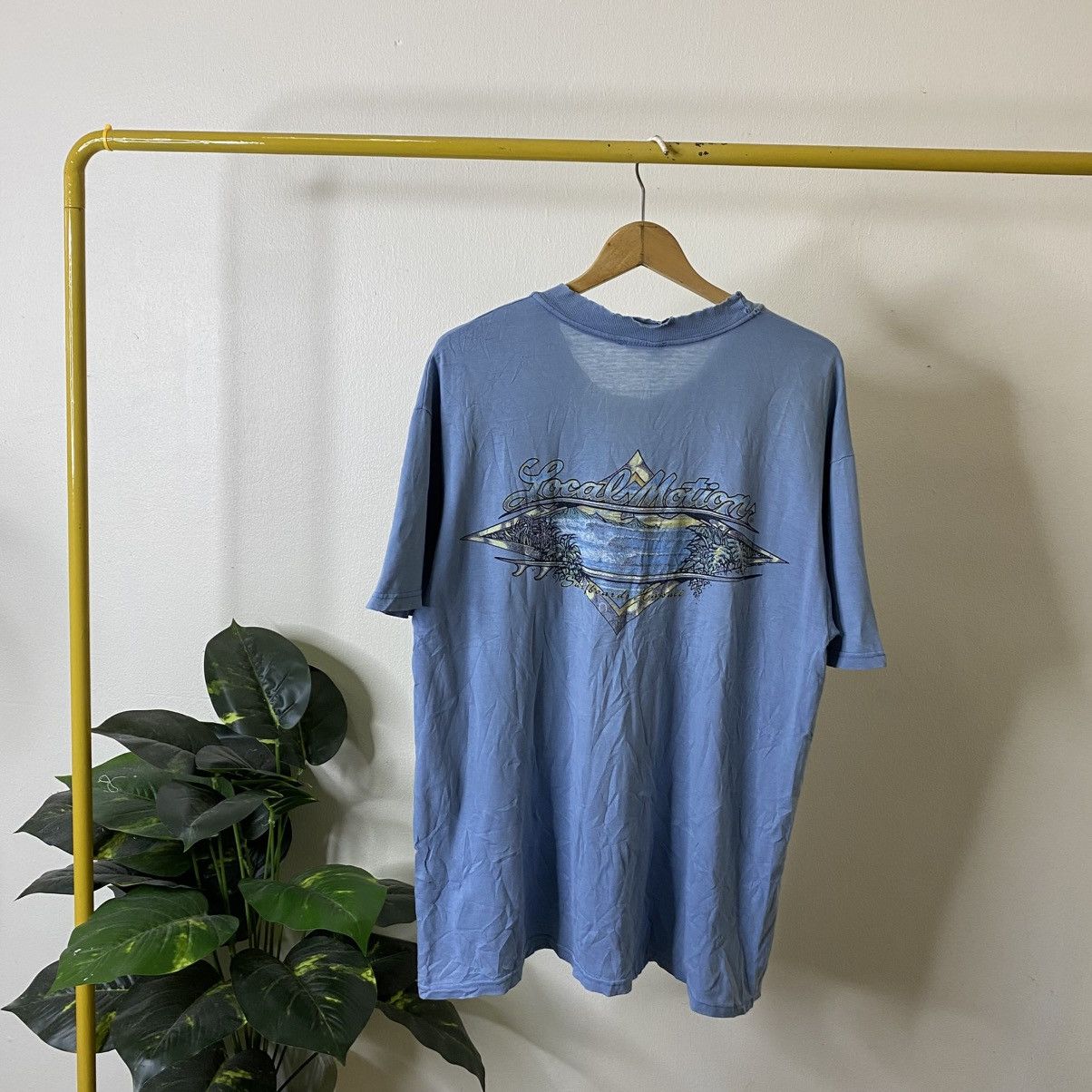 Vintage 1990s Local Motion Surf Faded Blue Distressed Tee Hoodie, Sweatshirt | FlexRushtees.com