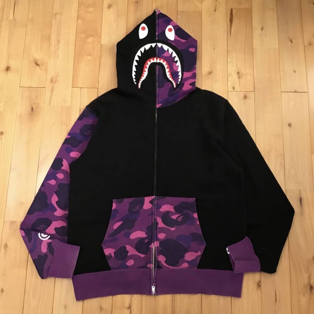 Purple Camo Shark Full Zip Hoodie A Bathing Ape T-Shirts, Sweatshirt | FlexRushtees.com
