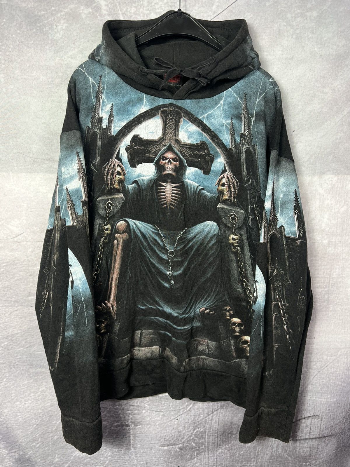 Vintage 3d Spiral Gothic Skeleton Throne Big Printed Hoodie T-Shirts, Sweatshirt | FlexRushtees.com