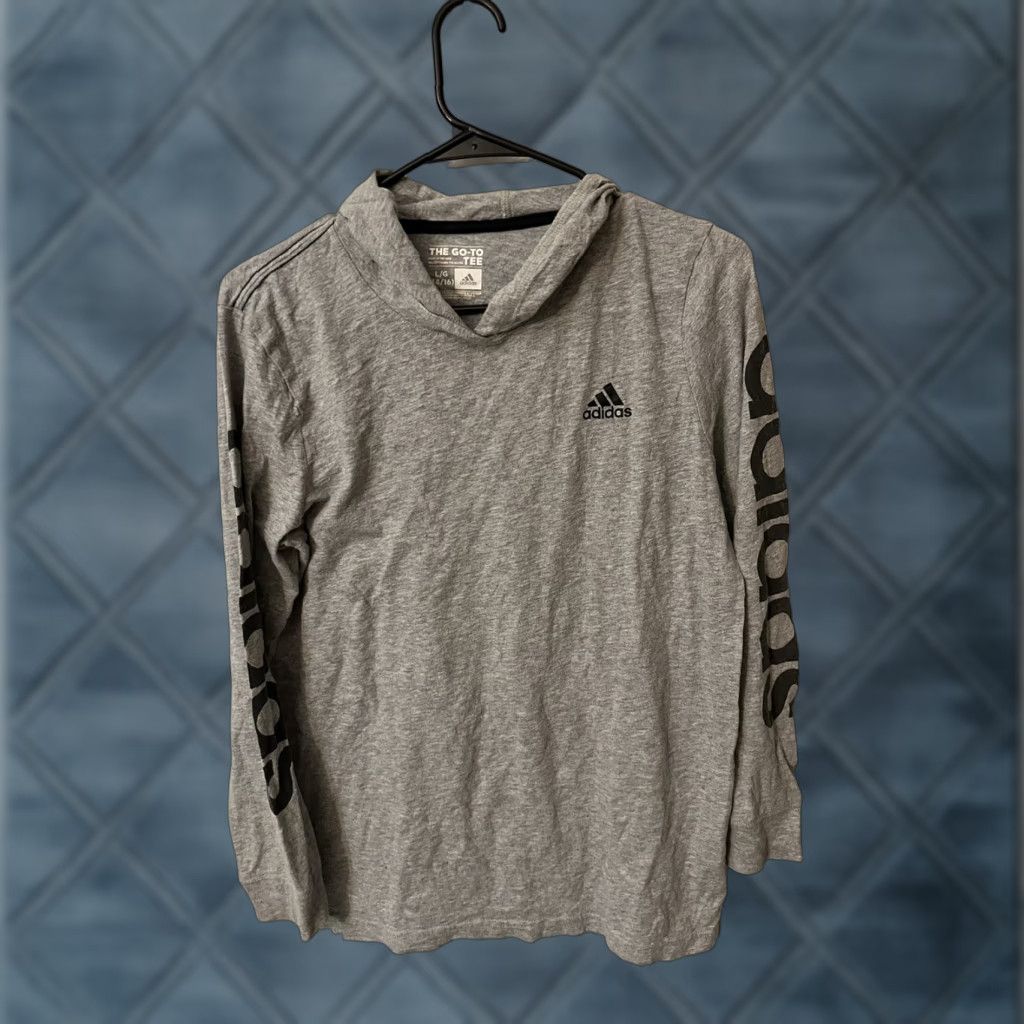 Vintage Adidas The Go To Tee Boys Gray Long Sleeve Hooded T Shirt Logo Size Large Kids Active