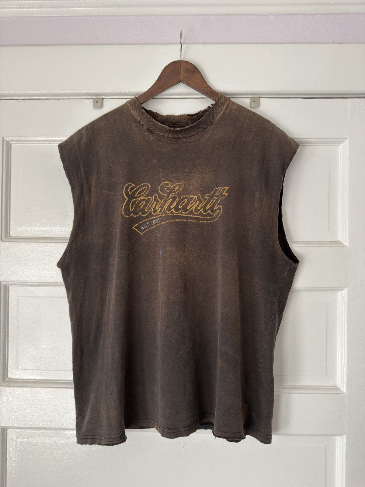 Sun Faded Carhartt Script Spellout Cutoff Tee Hoodie, Sweatshirt | FlexRushtees.com