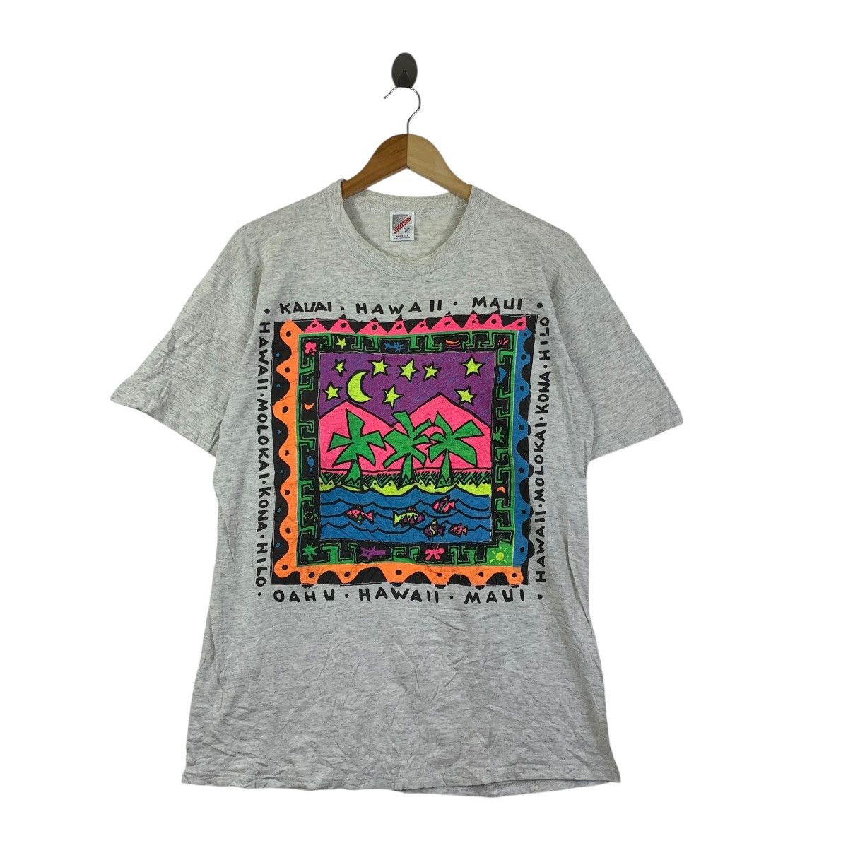 Jerzees Vintage 90s Hawaii Neon Island Art Tee Jerzees Usa Tropical