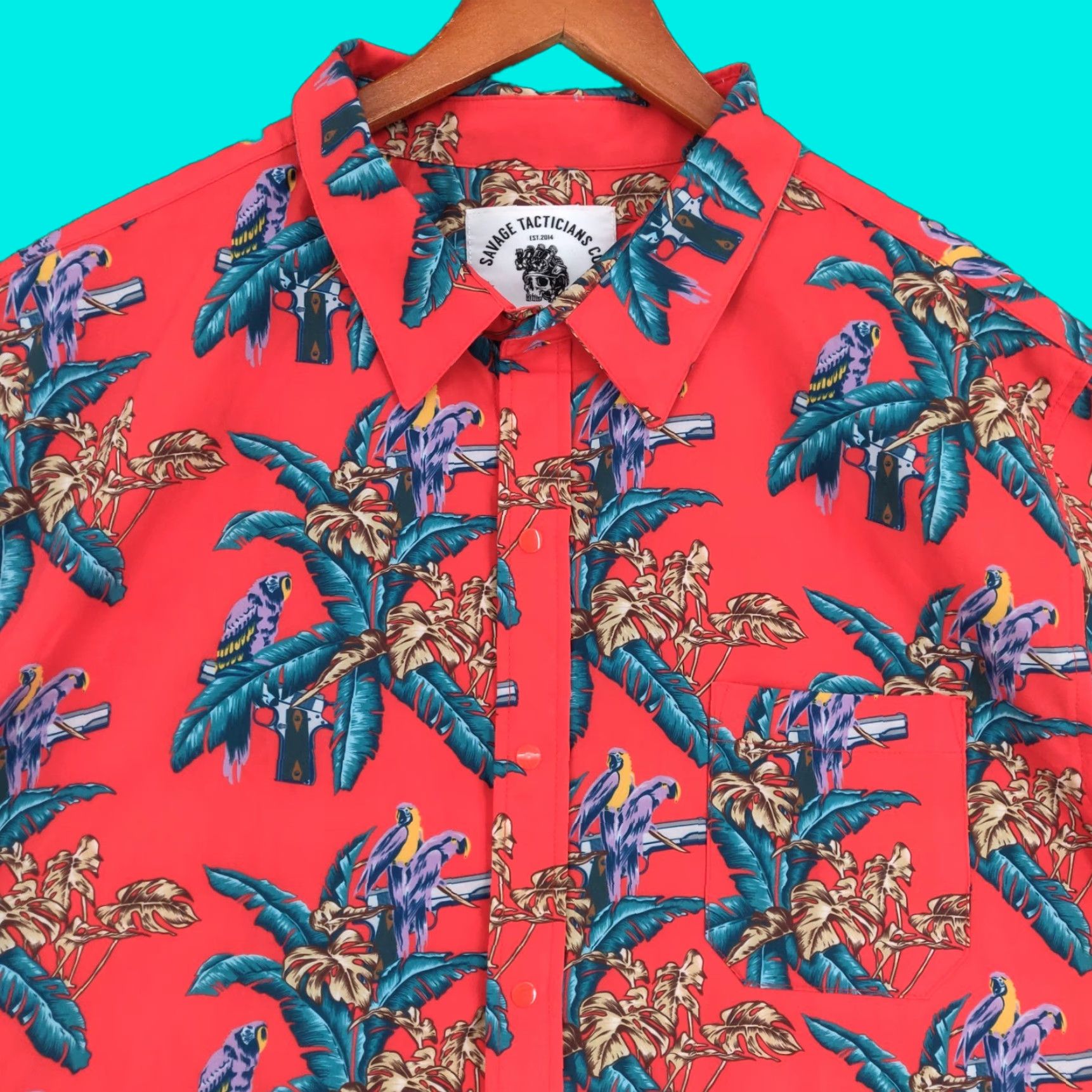 Vintage Savage Tacticians Shirt Mens 2xl Xxl Red Short Sleeve Floral Parrots Gun Print