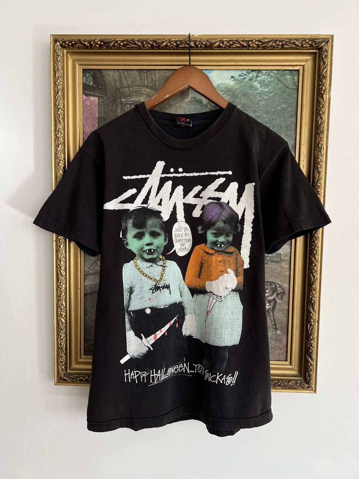 Vintage 2000s Stussy Happy Halloween You Suckas Black Tee Hoodie, Sweatshirt | FlexRushtees.com