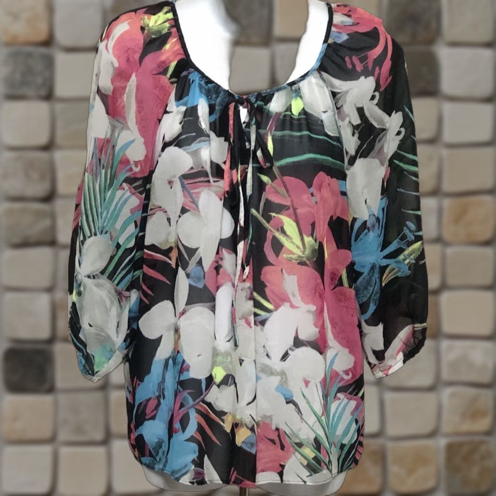 Vintage Ana Chiffon Flowy M Floral Multi Psychedelic Keyhole Artsy Abstract Career