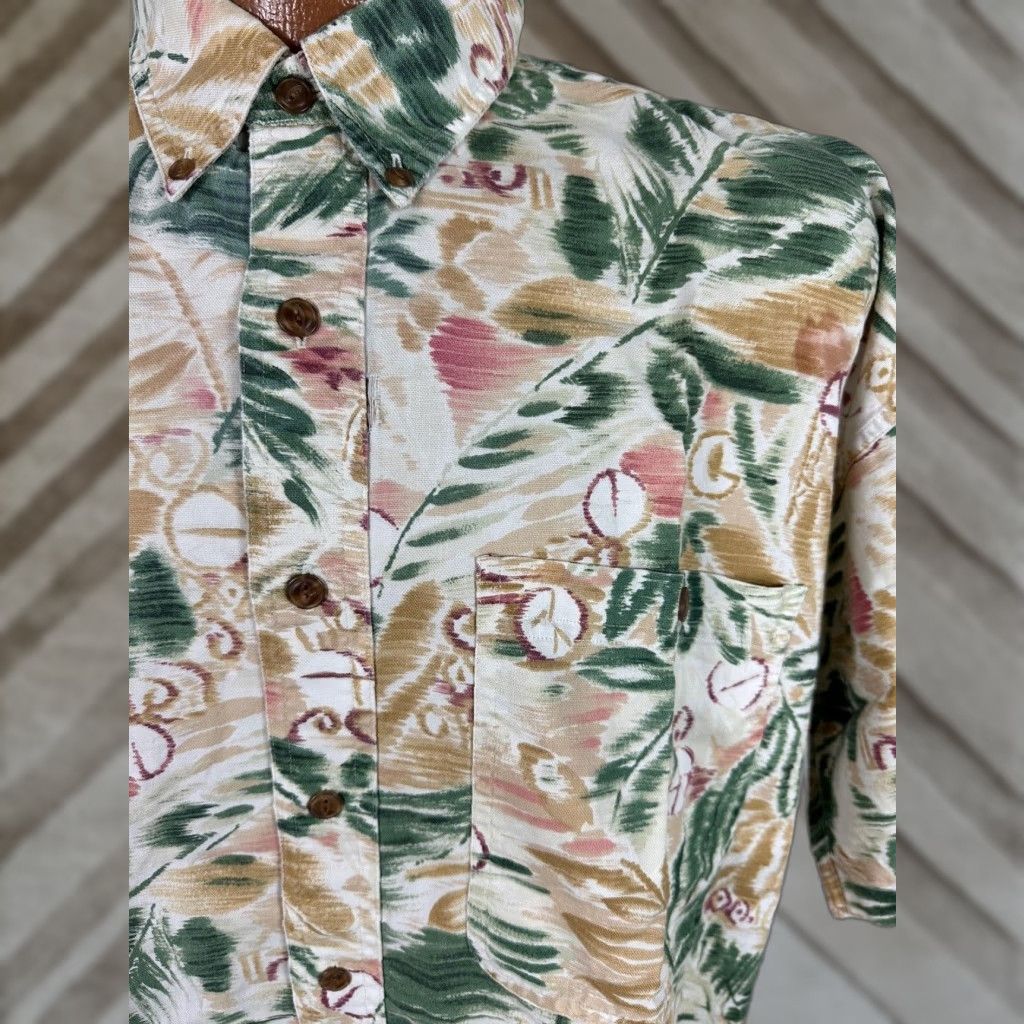 Vintage Chaps Ralph Lauren Oxford Hawaiian Shirt L Mens Floral Beige Cotton Distressed 90s Tro