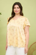 Plus Floral Print V Neck Scallop Satin Blouse