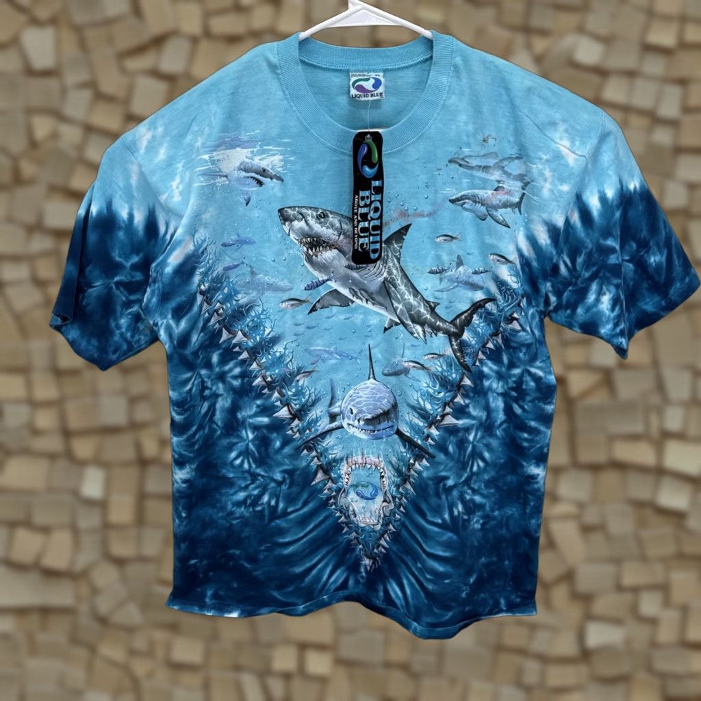 Blue Vintage Liquid Blue Great White Jaws Shark Bite Ocean T Shirt Tie Dye Xl Unisex 1990s Gr