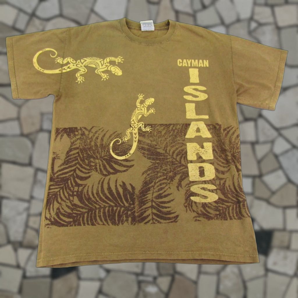 Vintage Yacht Club Shirt Mens M Brown Cayman Islands Gecko Tropical Jungle Geometric Pattern