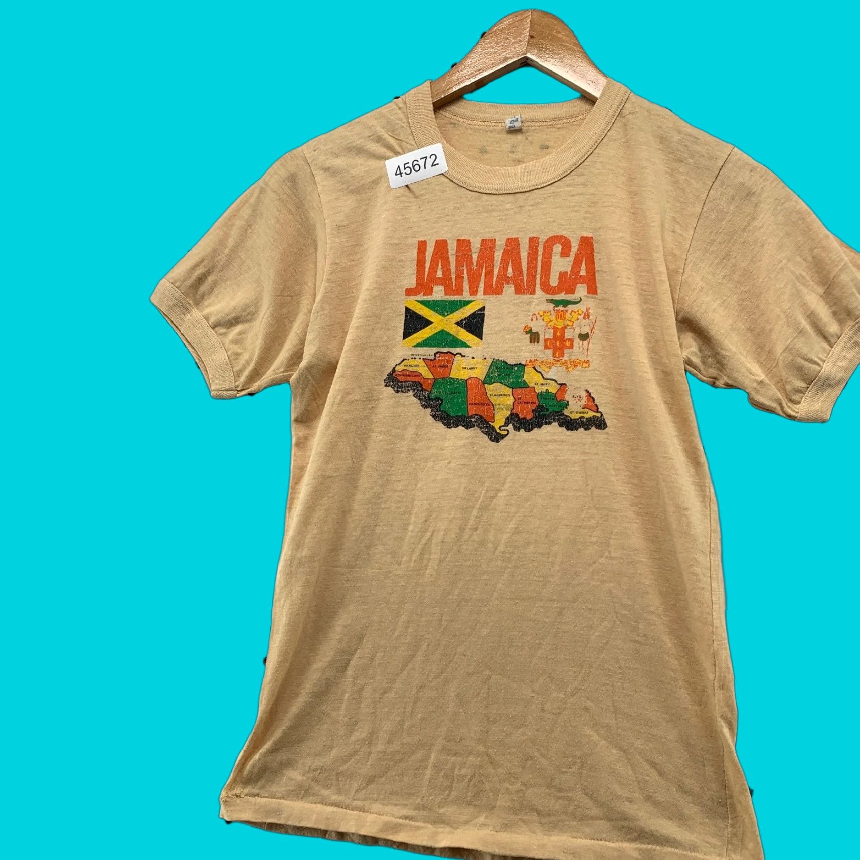 Vintage Sun King Shirt Mens Small 60s 70s Beige Jamaica Cotton Short Sleeve Crew Neck T Shir