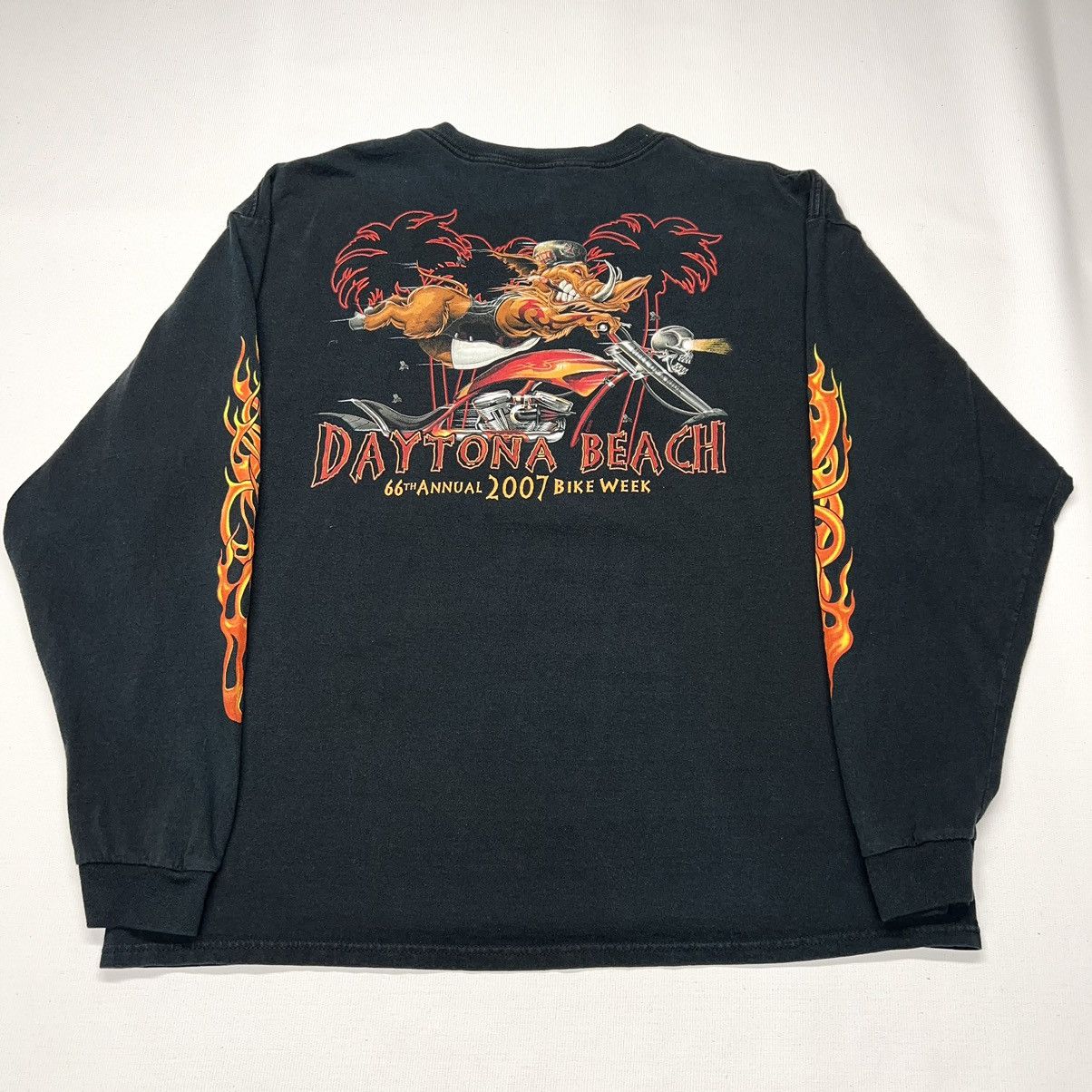Vintage Daytona Beach Bike Tee Shirt Black Long Sleeve Biker Flames