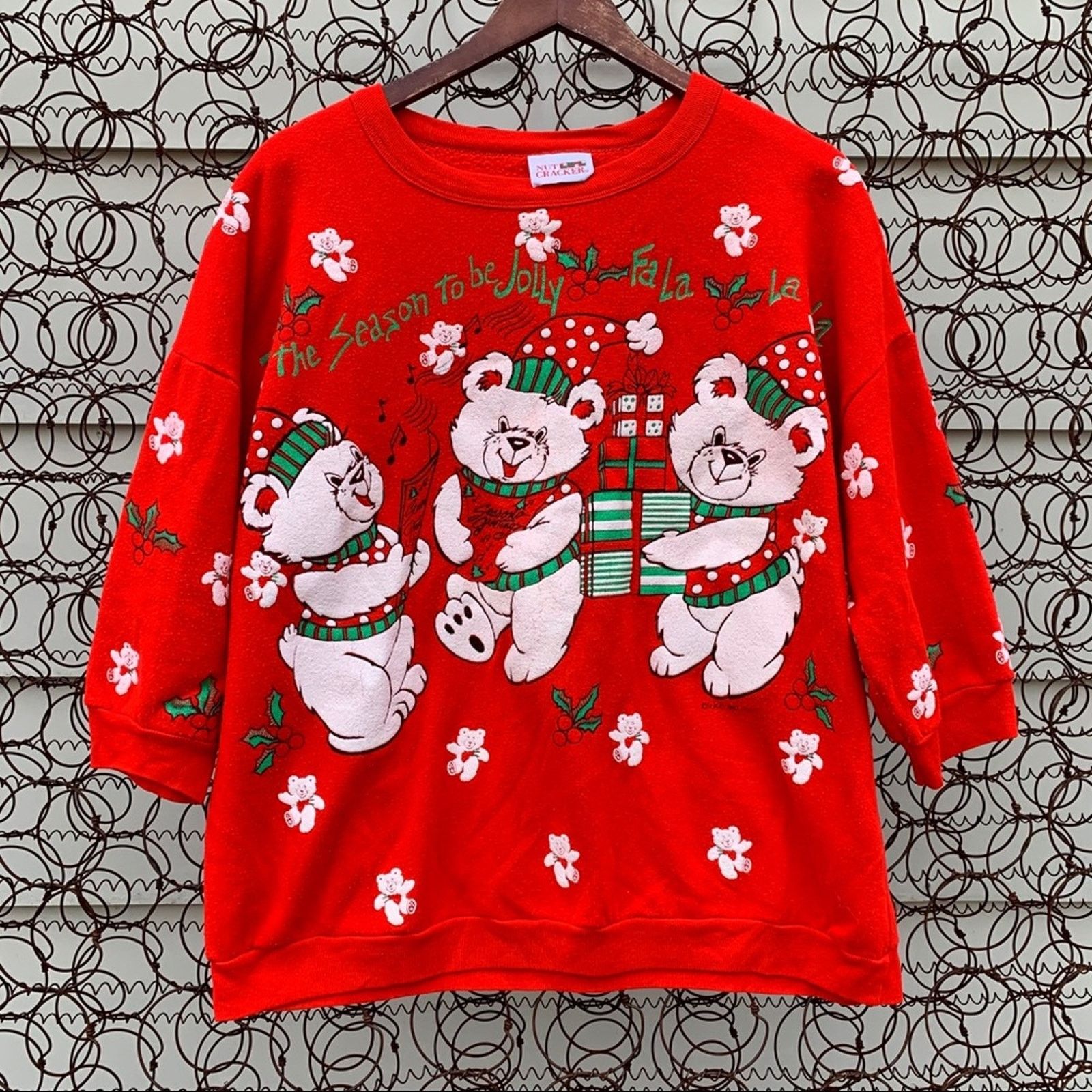 Vintage Vint 1989 Red Christmas Teddy Bear Winter Granny Sweatshirt