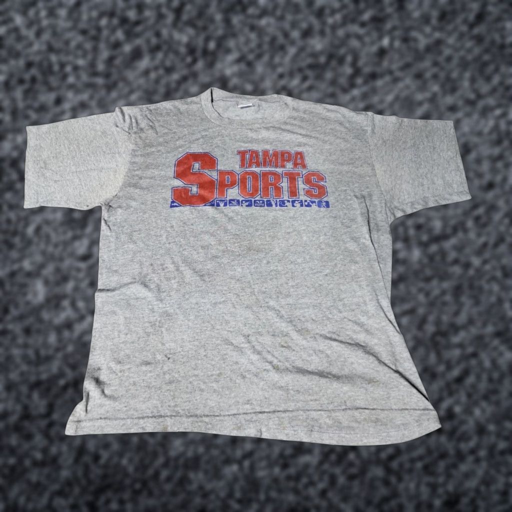 Jerzees Vintage 80s Tampa Sports T Shirt Men Xl Cotton Graphic Tee Distressed Gray Hoodie, Sweatshirt | FlexRushtees.com