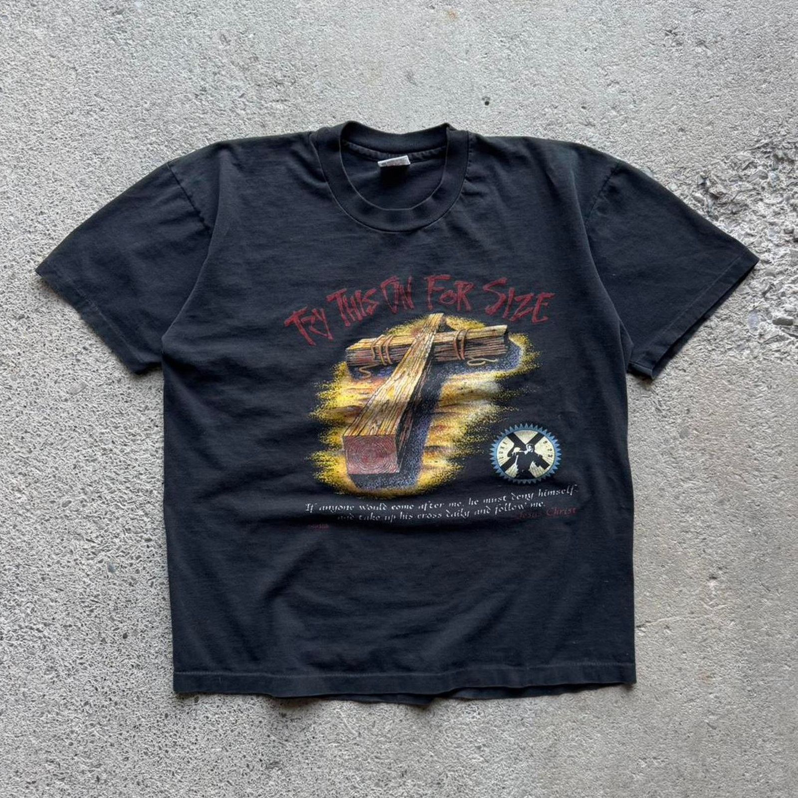 Vintage 90s Try This On For Size Jesus Christ Cross Graphic Tshirt