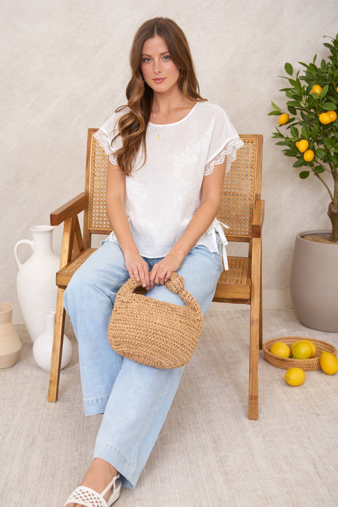Side Tie Detail Sleeve Lace Trim Woven Top