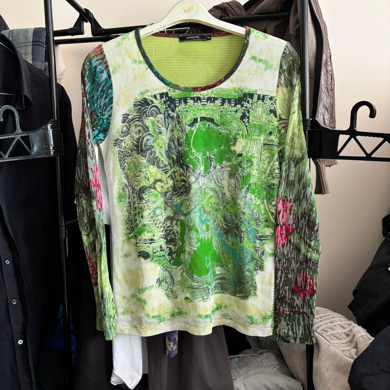 Vintage Jpg Vibe Y2k Mesh Top Lime Psychedelic Print Grunge Erd