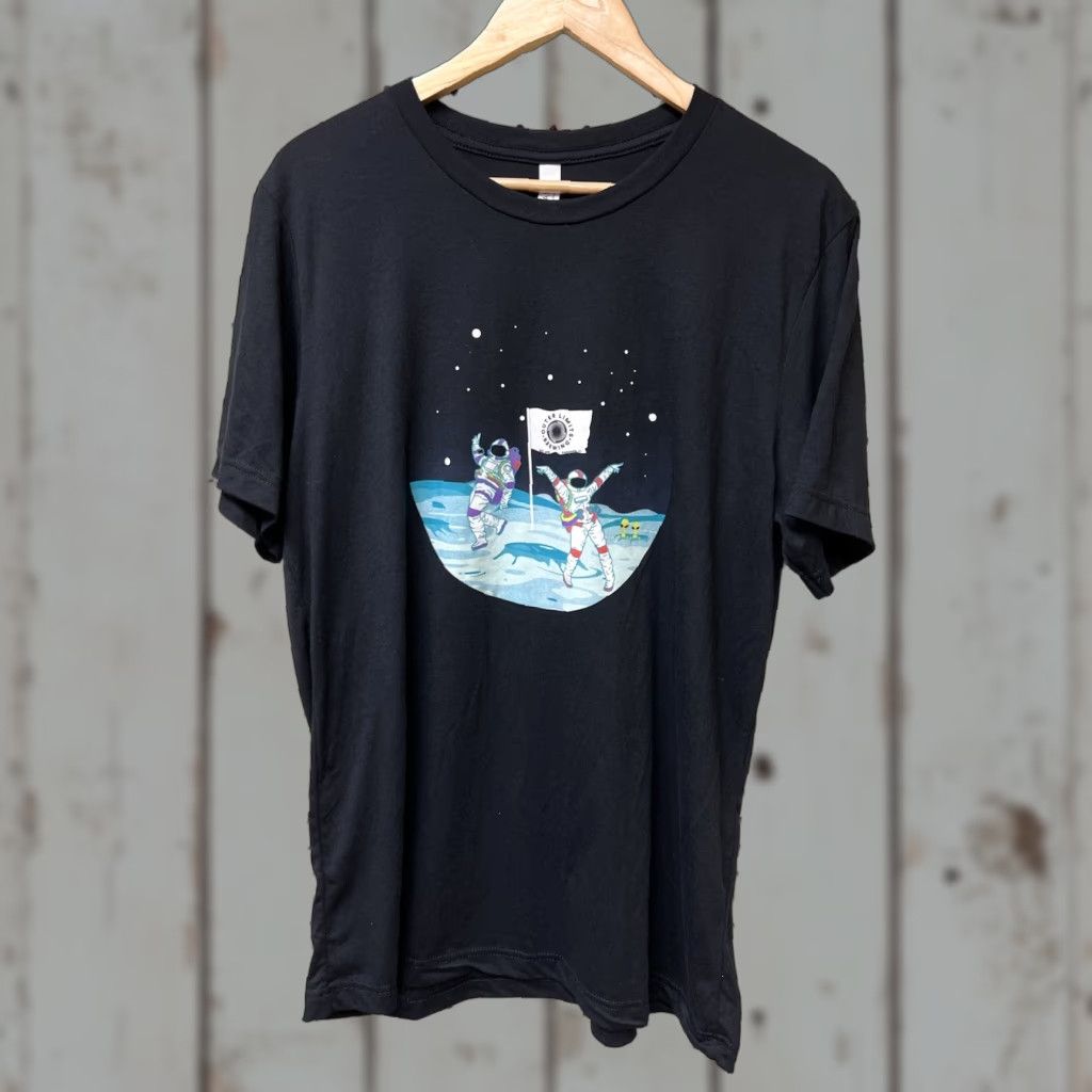 Vintage Mens L Vermont Ale Lager T Shirt Dancing Astronaut Vt Black Beer Canvas Crew Neck Short Slee