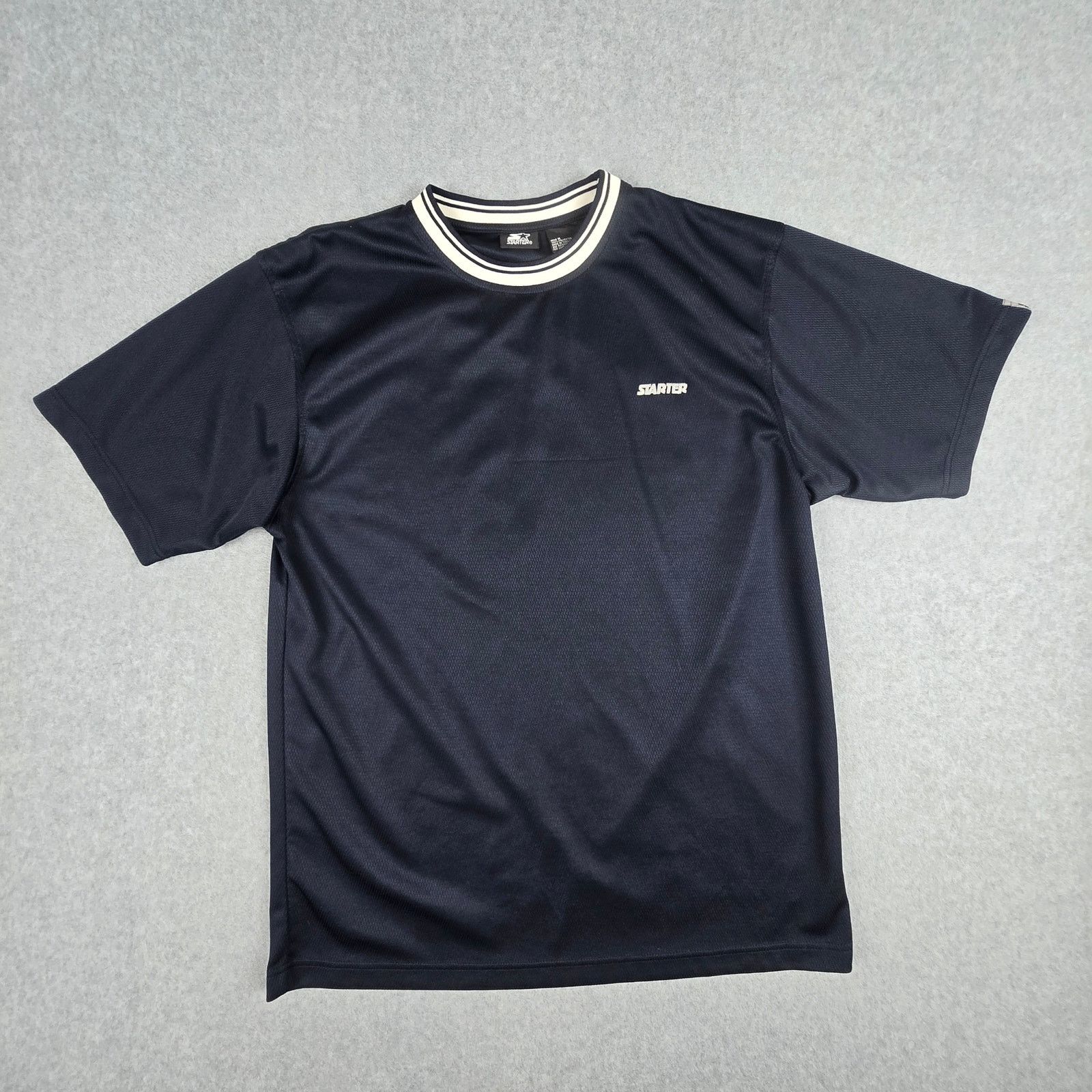 Starter Medium Navy Athletic T Shirt Crew Neck Logo Flaw