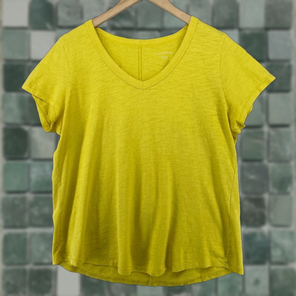 Fisher Eileen Fisher Top S Slub Organic Cotton Jersey V Neck Short Sleeve Yellow Shirt Womens