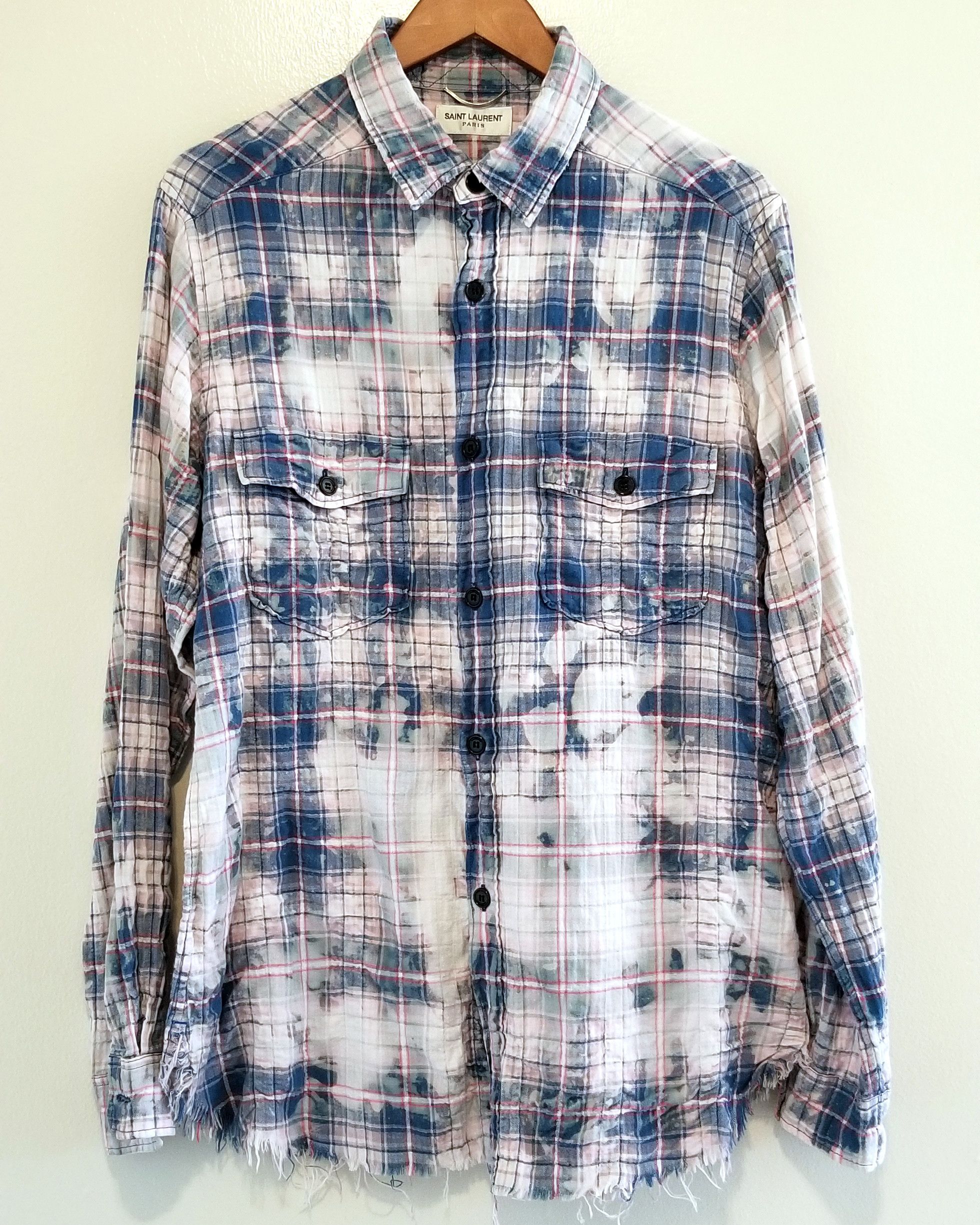 Saint Laurent Paris Ss16 Raw Hem Bleached Flannel Check Shirt