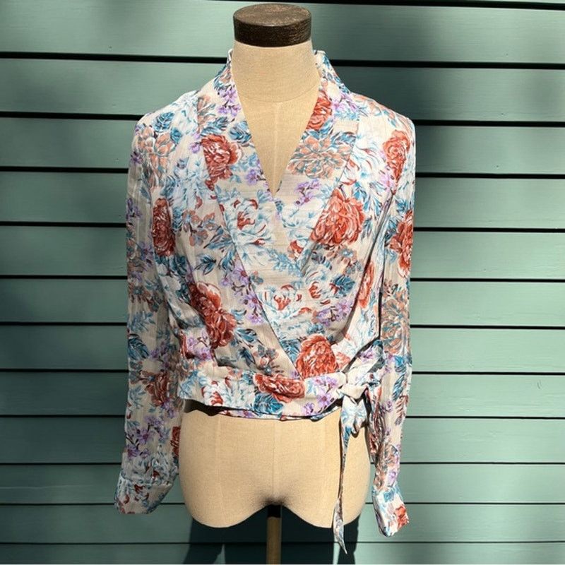 Anthropologie Greylin Ivory Teal Rachel Floral Wrap Blouse