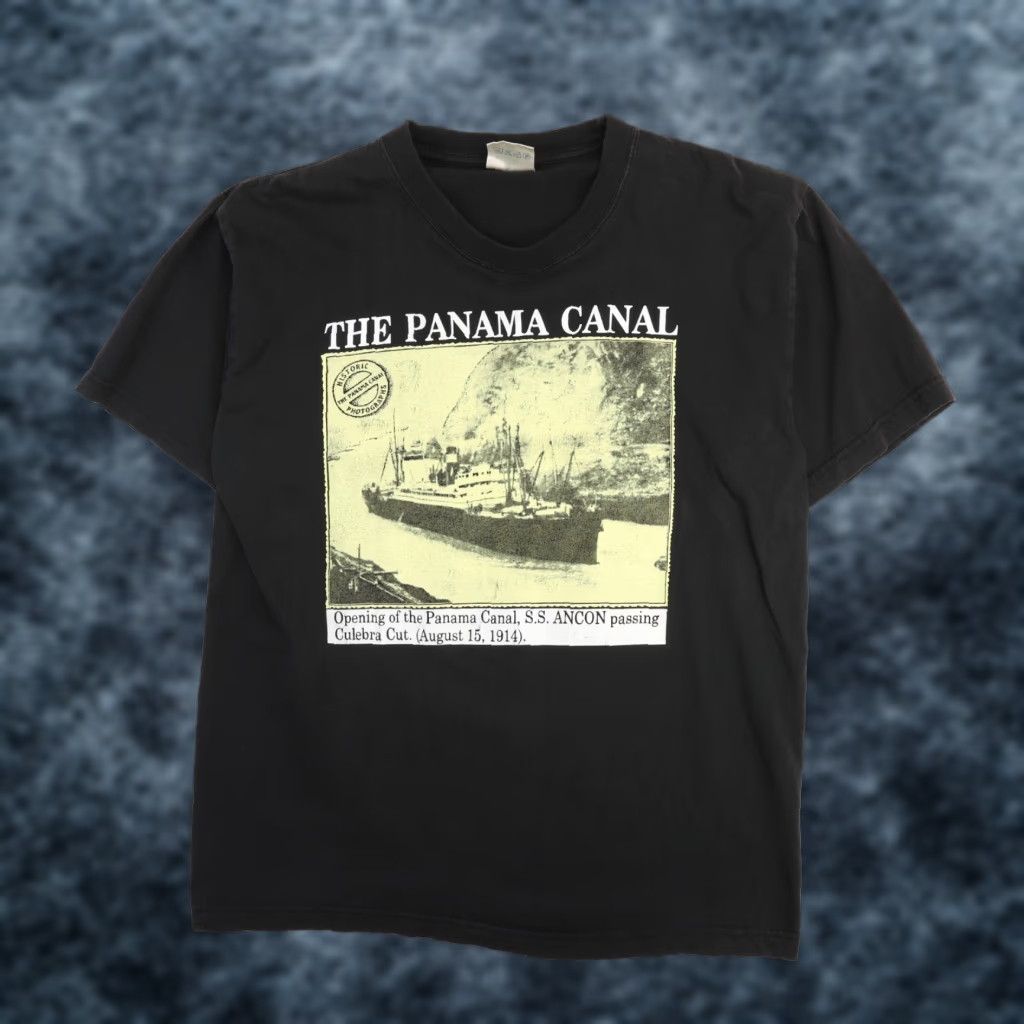 Vintage Panama Canal Photograph T Shirt Mens Xl Black Graphic Print Cotton Short Sleeve Crew Hoodie, Sweatshirt
