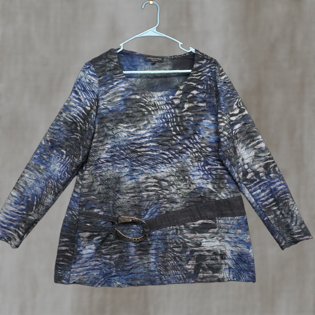 Vintage Amanda Matthews Top Womens 1x Blue Green Belted Psychedelic Abstract Textured Print Tunic Be