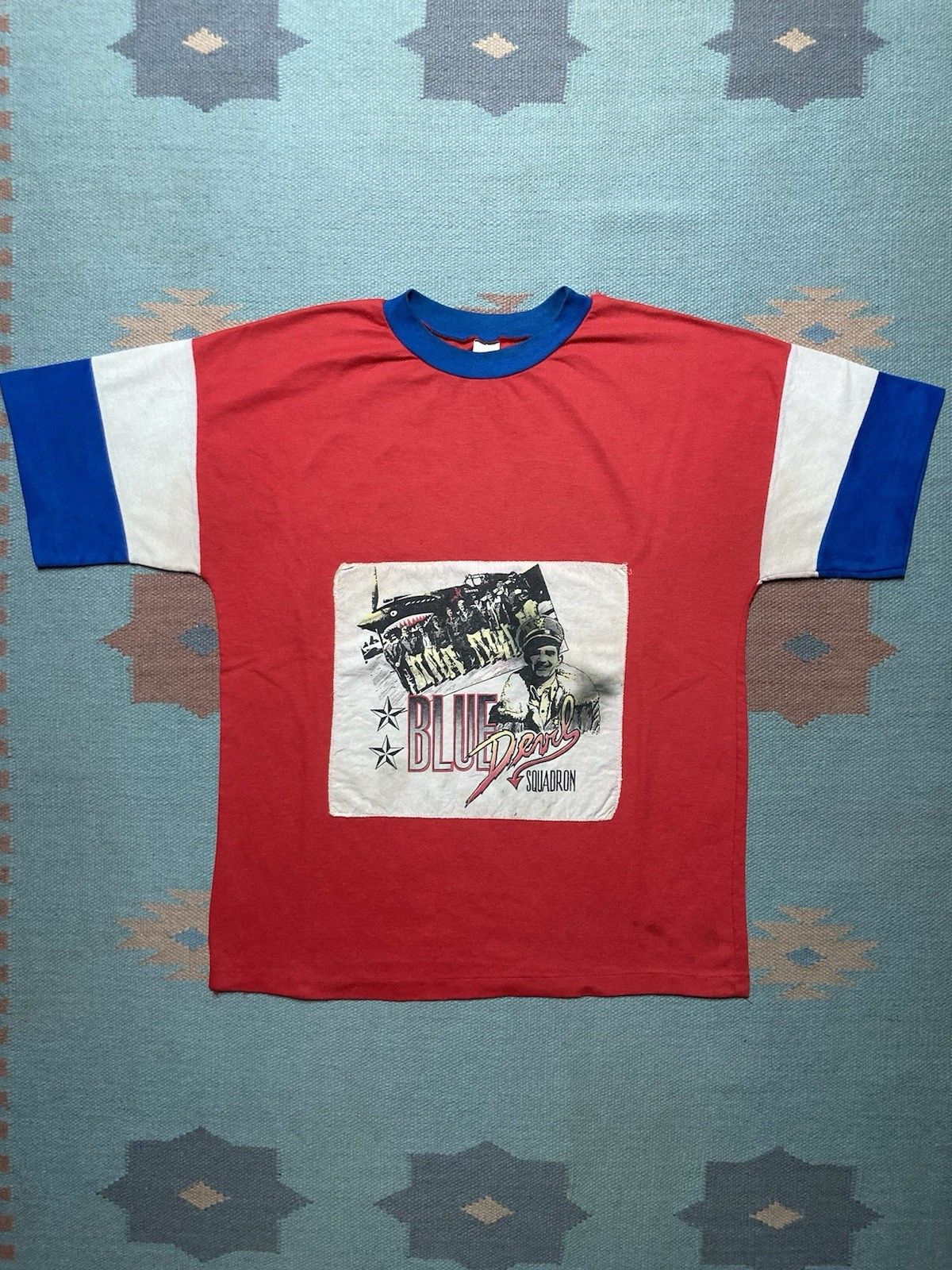 Vintage 70s T Shirt Blue Devil Squadron Red White Blue Bomber L