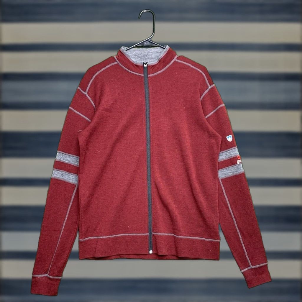 Vintage Kuhl Sweater Mens Full Zip Wool Red Mock Neck Sweatshirt Zip Pockets Embroidered Log