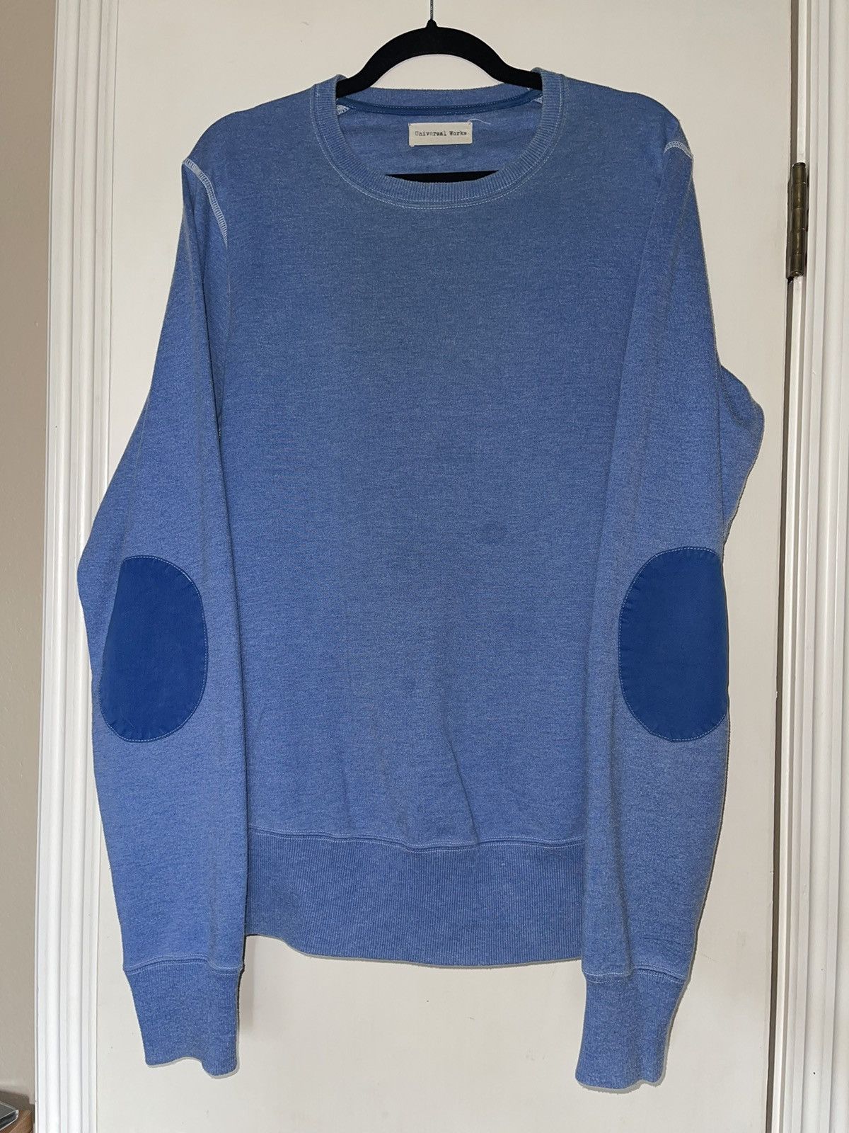 Works Universal Works Crewneck Sweatshirt Blue Padded Elbow T-Shirts, Hoodie | FlexRushtees.com