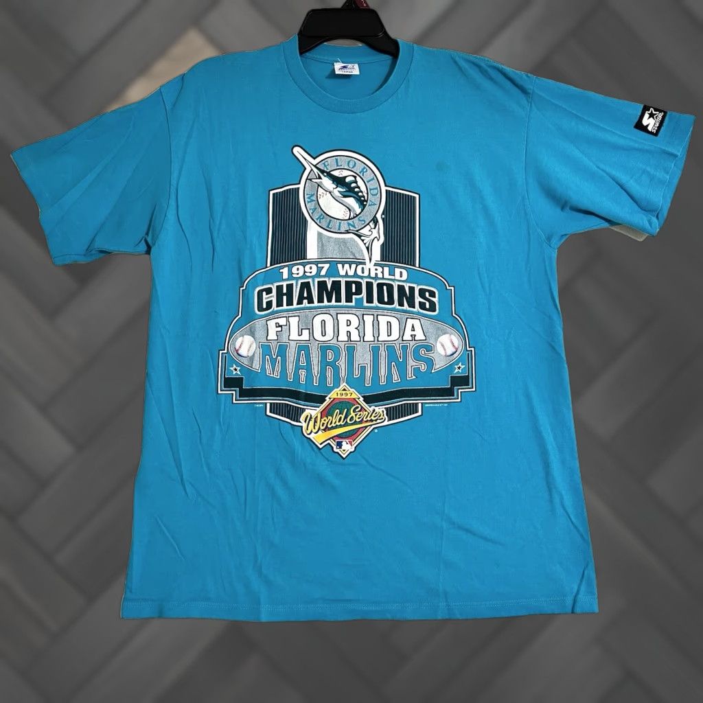 Vintage Starter Florida Marlins World Champions T Shirt Mens L Blue Usa