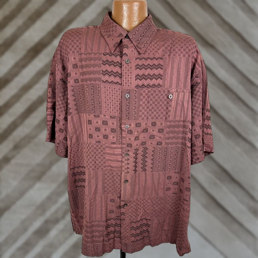Vintage Kona Kai Hawaiian Shirt Men 2xl Silk Blend Geometric Jacquard Aloha Casual Beach Vacation Sh