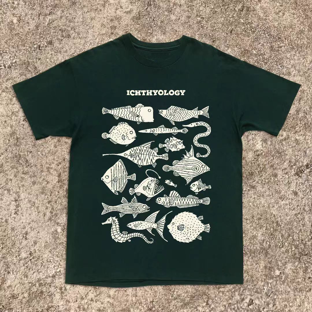 Vintage Green Casual Retro Ocean Fish Print T Shirt