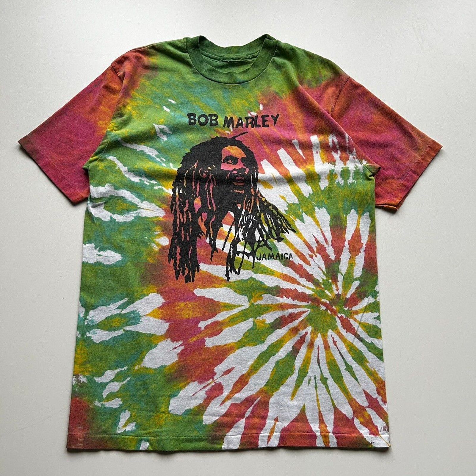 Band Tees × Bob Marley × vintage 90s Bob Marley Jamaica Graphic Tie Dye T Shirt Rare