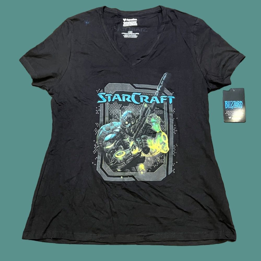 Vintage Fanatics Blizzard Starcraft T Shirt Women Xl Black V Neck Video Game Promo Sci Fi