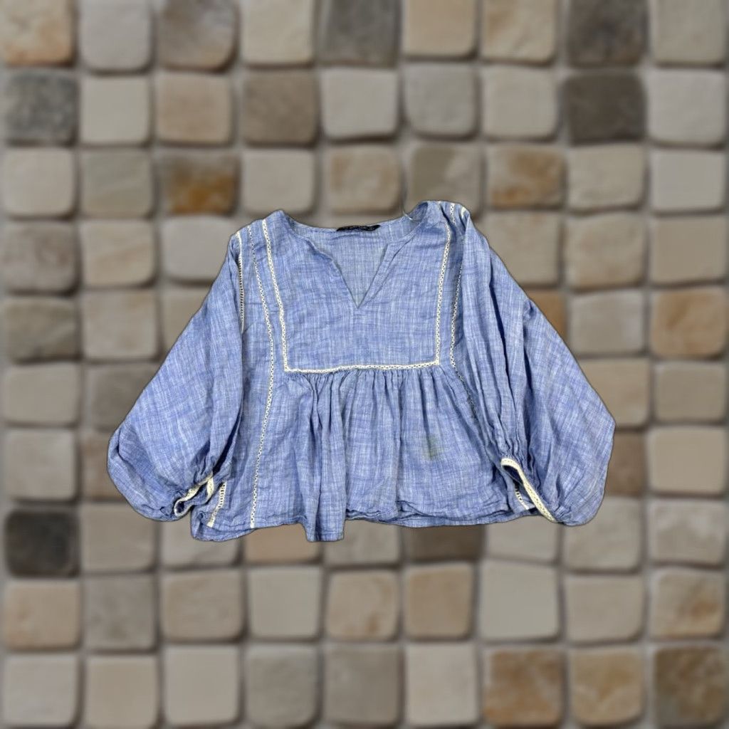Zara Blouse Women S Xs Blue Cotton V Neck Long Sleeve Casual Shirt Spring Summer