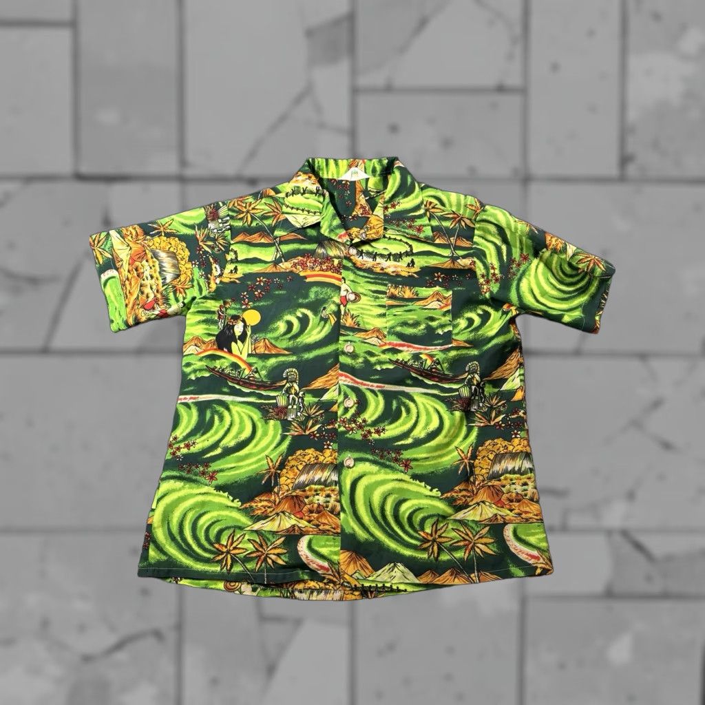 Vintage Wakiki S Hawaiian Shirt Mens L Green Tropical Print Short Sleeve Shirt