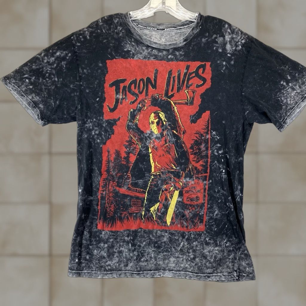 Affliction Friday The 13th Jason Lives Graphic Tee Mens Medium Black Acid Wash