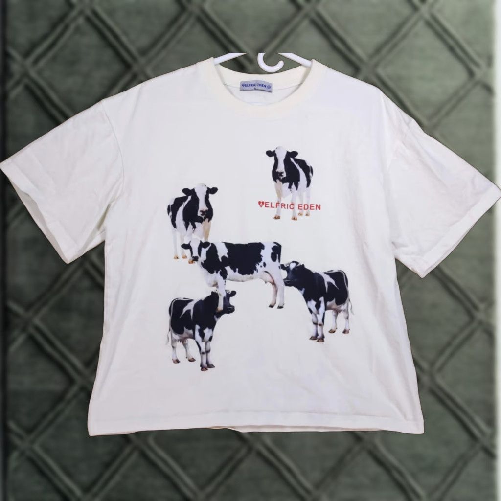 Vintage Elfric Eden Cow Print Graphic T Shirt Mens M White Oversized Streetwear Harajuku Shirt Casua Hoodie, Sweatshirt