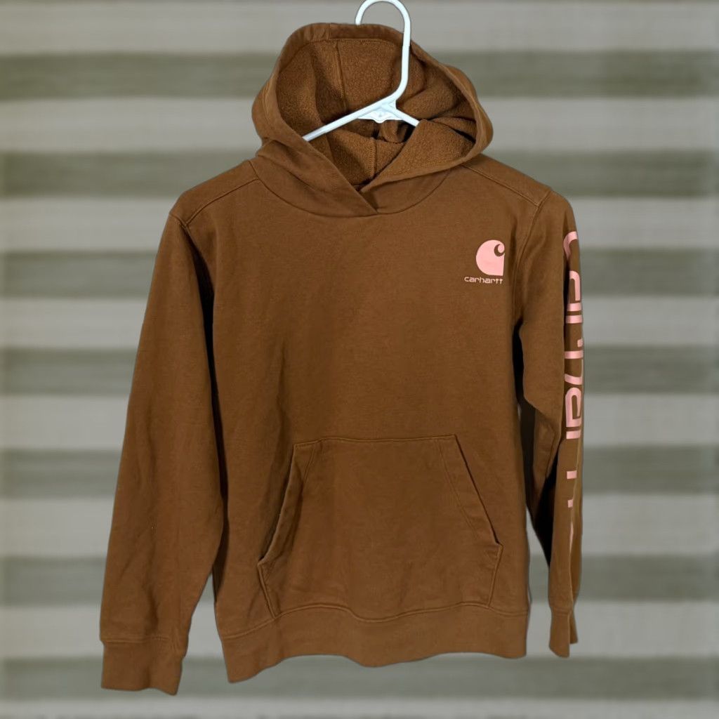 Carhartt Hoodie Boys Size M Brown Logo Graphic Print Pullover Long Sleeve Canvas Insulation