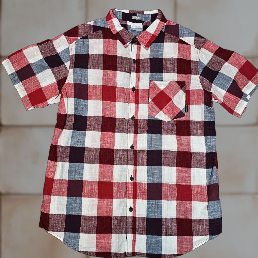 Vintage Columbia Casual Shirt Adult L Red Multicolor Check Hiking S S Regular Fit Cotton