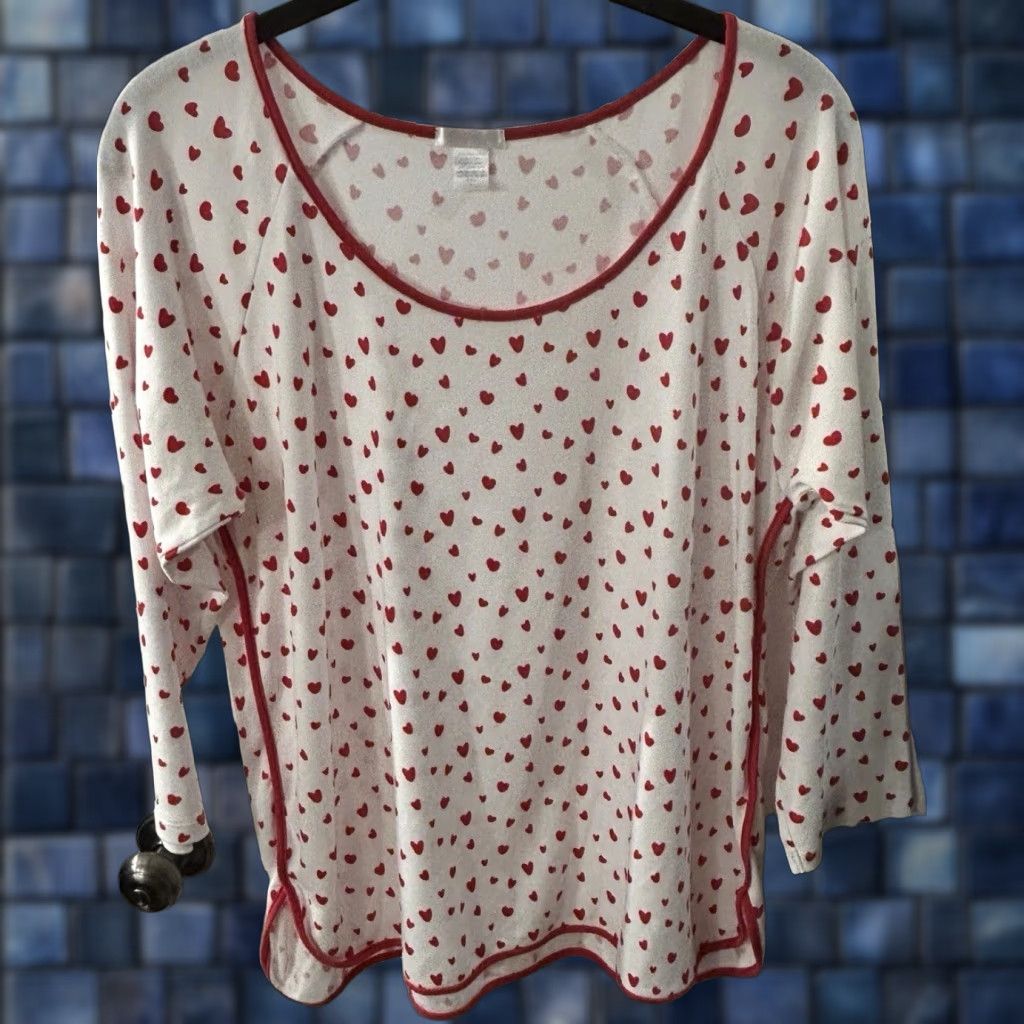 Vintage Lake Women S Pajama Top Size L White Red Hearts Print Knit Sleep Shirt Spring Summer Fall Wi
