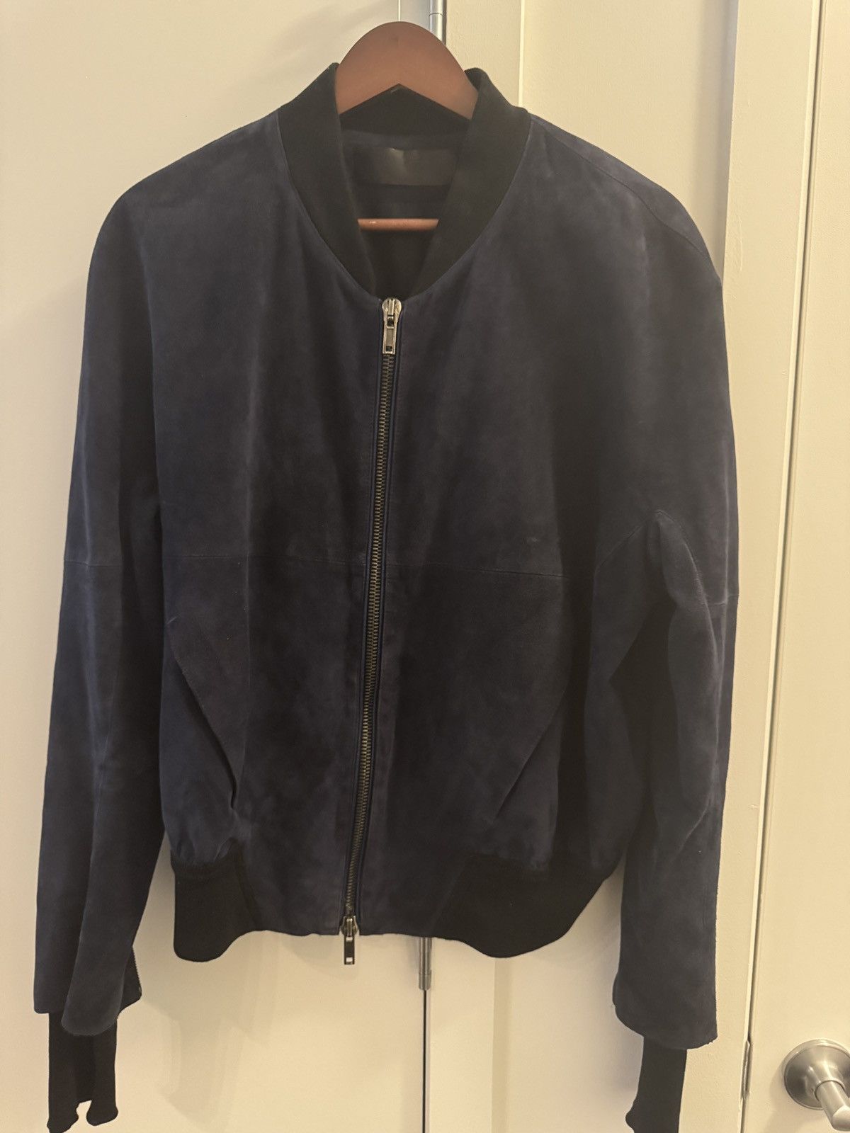 Haider Ackermann Blue Calfskin Suede Oversized Raglan Double Zip Bomber Women T-Shirts, Hoodie, Sweatshirt