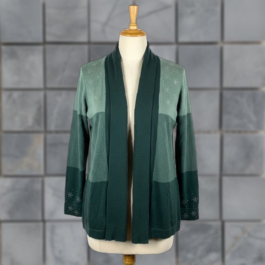 Factory Quacker Factory Cardigan Sweater Womens M Green Embellished Snowflake Open Front Rhi