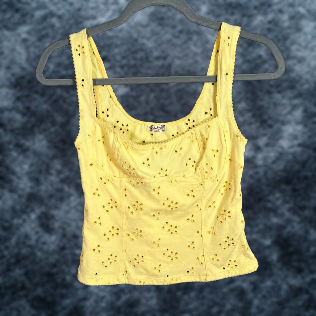 People Free People Tank Womens Xs Yellow Eyelet Floral Cotton Blend Racerback Sleeveless Casual