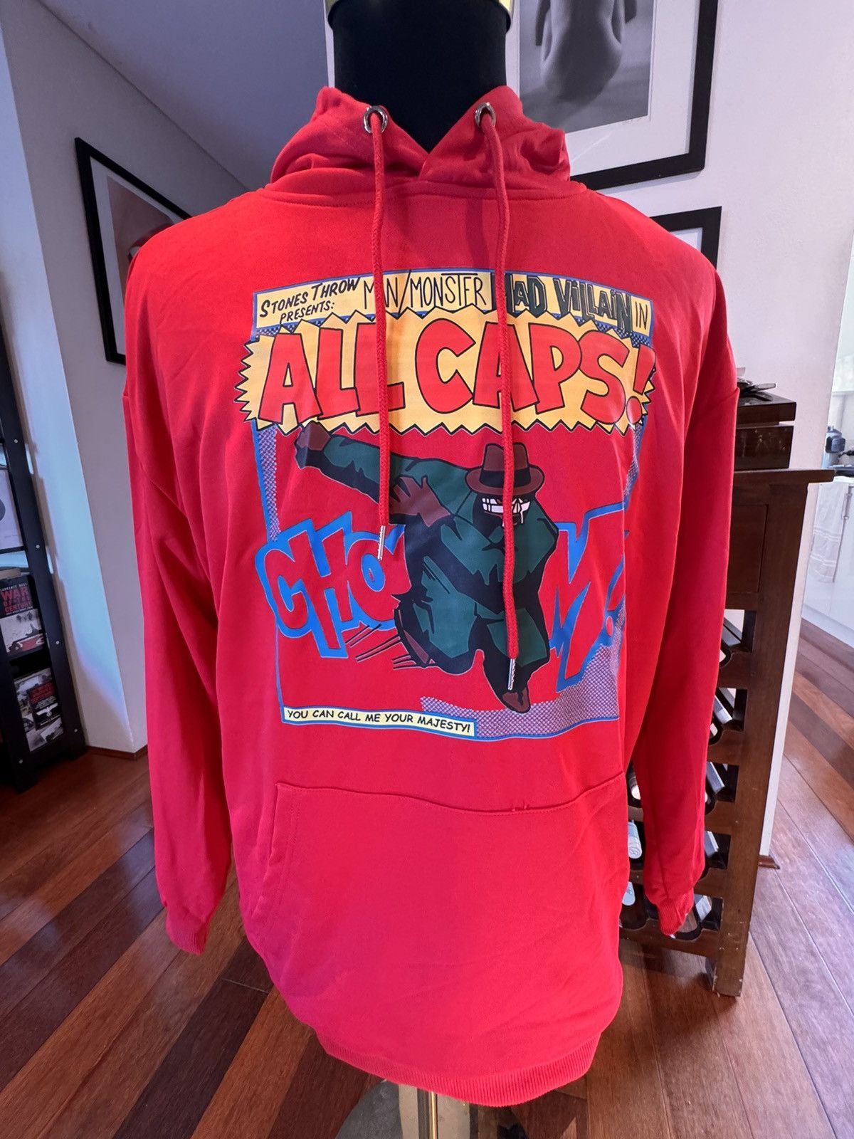 Doom Mf Doom All Caps Cotton Blend Red Chest Print Hoodie Size L