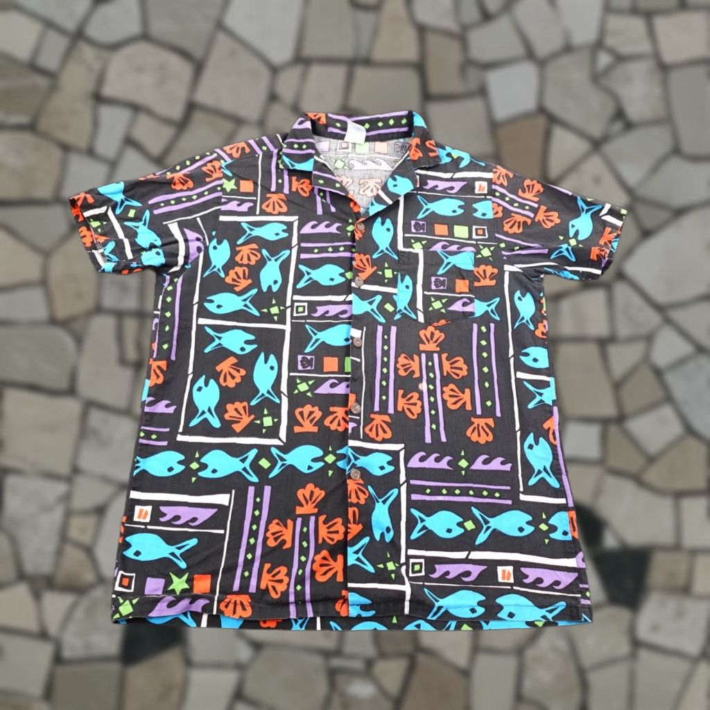 Vintage Sea Ski Hawaiian Shirt Mens Large Black Aloha Fish Print 90s Beach Tropical