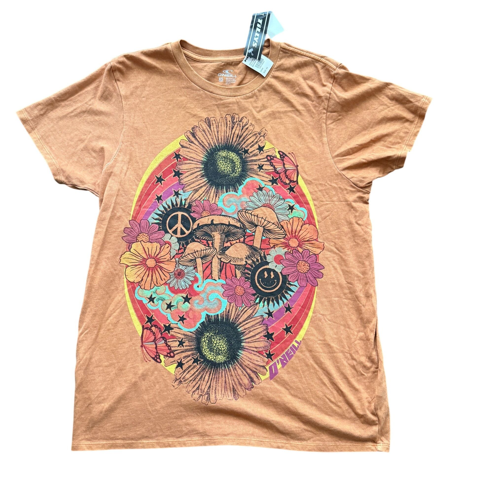 O Neill Oneill Womens Xs Graphic Tee Brown Floral Psychedelic Design